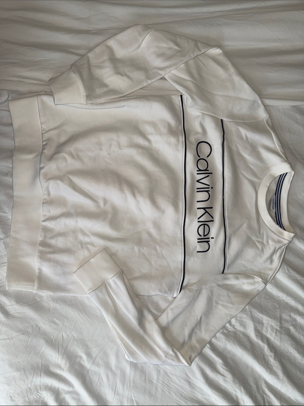 Calvin Klein White Crewneck Sweatshirt with Black Logo Piping